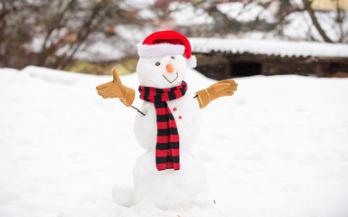 Cute snowman outdoors. Snowman with hat scarf and gloves snowy nature background. Winter activity....