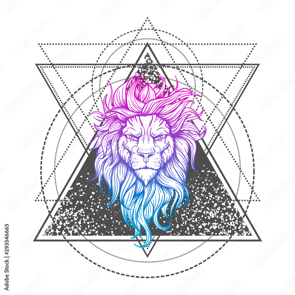 Wall mural Vector Tattoo Lion. Illustration on geometry sign