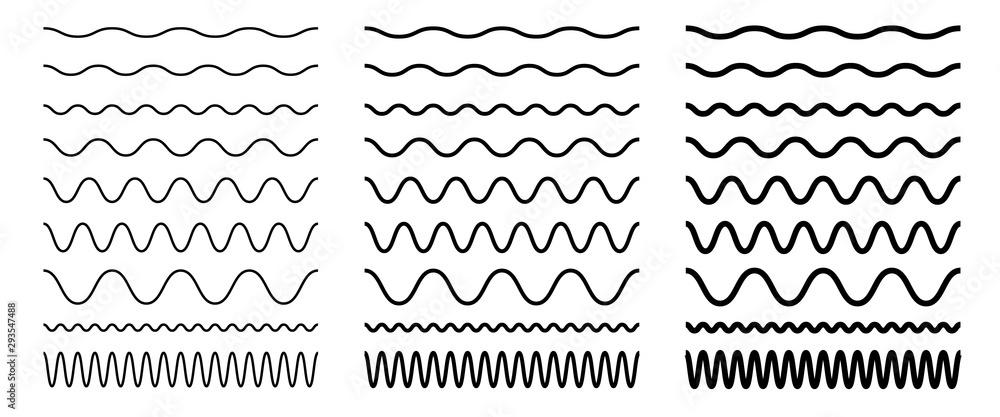 Poster set of seamless wavy, zigzag line. graphic design elements for page decoration. outline sign border 