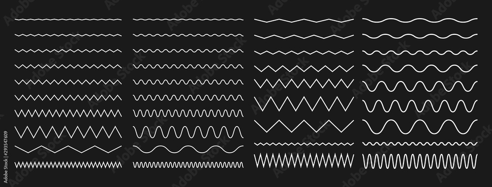 Poster set of seamless wavy, zigzag line. graphic design elements for page decoration. outline sign border 