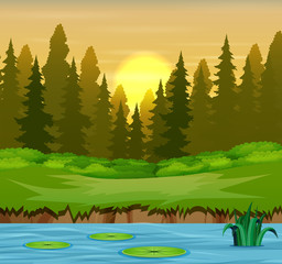 River in the forest and silhouettes background