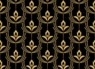 Flower geometric pattern. Seamless vector background. Black and gold ornament. Ornament for fabric, wallpaper, packaging. Decorative print