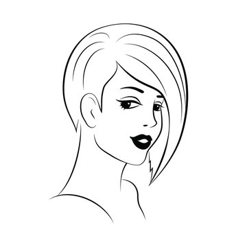 Woman  young beautiful face, black outline on white background