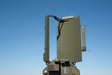 Green military radar - rotary device to scan, monitor and control air. Anti-aircraft defense. Copy...