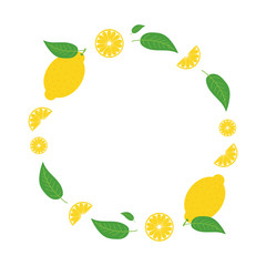 Cartoon style round vector frame, card template with set, collection of fresh yellow lemons.
