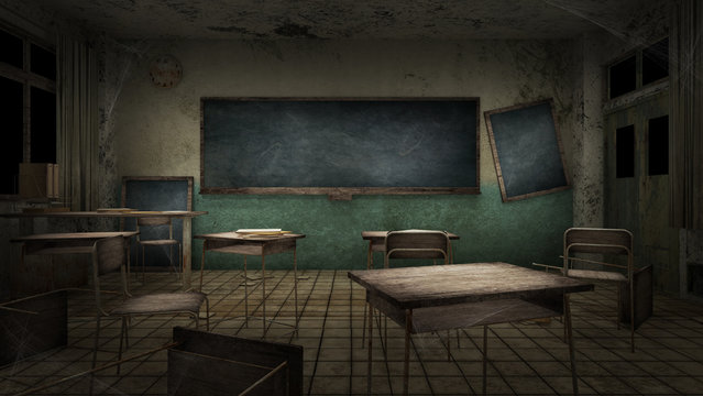 horror and creepy classroom in the school. 3D rendering