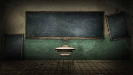 horror and creepy classroom in the school. 3D rendering - obrazy, fototapety, plakaty