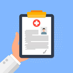 Doctor's hand holds a medical card of her husband on a blue background.