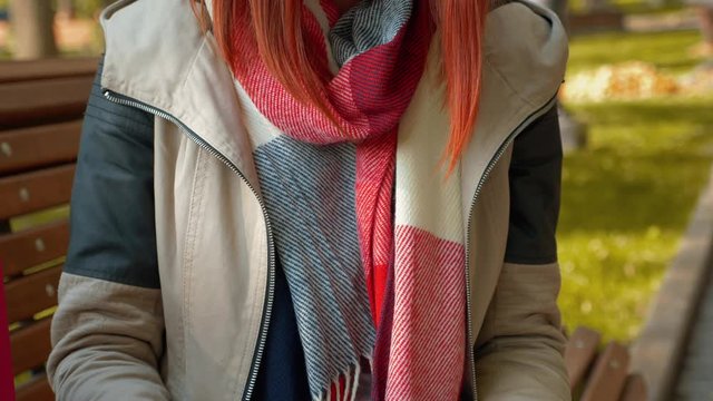 Young attractive red haired woman in park shopping online. Girl with foxy hair sits on bench in sunny weather use tablet and phone, makes an online order. Sale, retail industry concept. Close-up. 4K