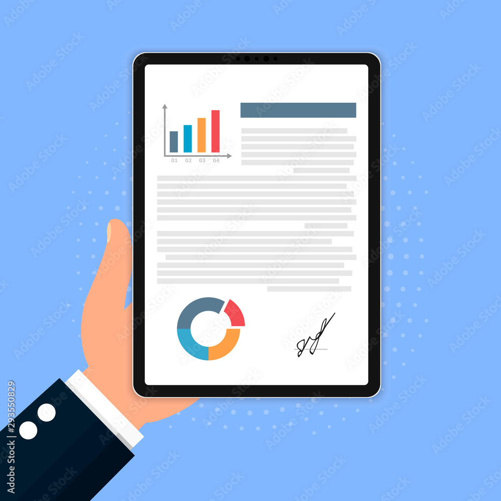 Poster text with graphs is shown on the screen of the tablet that holds the hand.