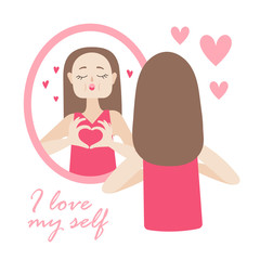 The girl in front of the mirror and kisses his reflection. The heart of the fingers. Cartoon vector on white background