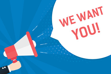 The red loudspeaker shouts WE WANT YOU on the blue background and the area with the text on the right.