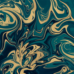 Abstract liquid watercolor texture. Green and golden glitter ink painting pattern. Trendy backgrounds for wallpaper, flyer, poster, card, invitations. 