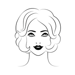 Woman young beautiful face, black outline on white background