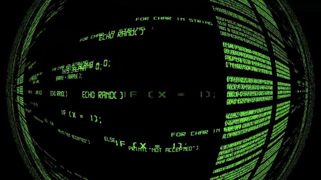 Animation data globe flashing streams of data, hex and code