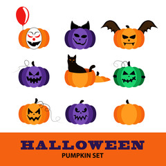 Halloween. Pumpkin set with scary and funny pumpkins to create a festive mood. Vector illustration isolated on white background.