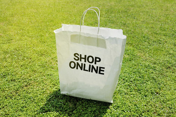 White paper bag on grass;Shopping online concept
