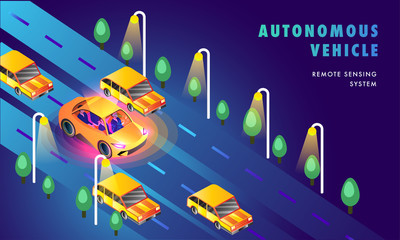 Responsive web template design with skyscraper's view of smart cars on urban landscape for Autonomous Vehicle Remote Sensing System concept.