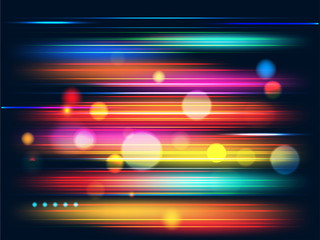 Speed motion background with colorful light beams and bokeh effect for futuristic technology concept.