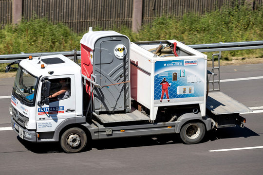 WIEHL, GERMANY - JUNE 29, 2018: TOI TOI & DIXI truck on motorway. TOI TOI & DIXI (ADCO Group) is the largest mobile sanitary solutions company, and is based in 33 countriesworldwide.