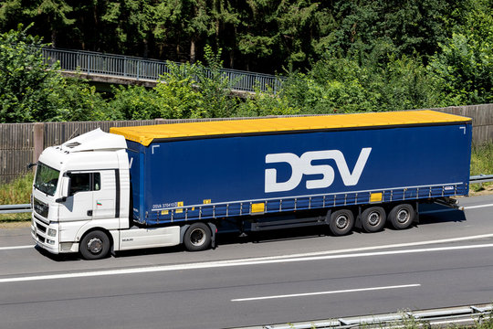 WIEHL, GERMANY - JUNE 29, 2018: DSV truck on motorway. DSV A/S is a Danish transport and logistics company offering transport services worldwide by road, air, sea and train.