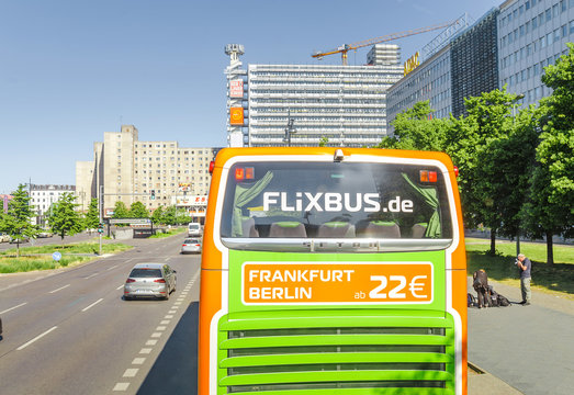 BERLIN, GERMANY, 20 MAY 2018: Flixbus intercity bus at the city street