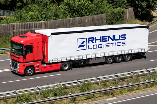 WIEHL, GERMANY - JUNE 29, 2018: Rhenus truck on motorway. Rhenus Group is a global logistics service company with more than 610 locations worldwide and 29,000 employers.