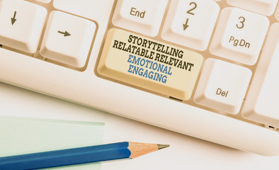 Writing note showing Story Telling relatablerele. Business concept for Storytelling Relatable Relevant Emotional Engaging White pc keyboard with note paper above the white background