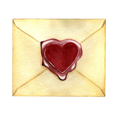watercolor illustration. hand painting. one envelope with sealing wax pink heart on white background.