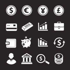 Business and finance icons set, bank, coins, exchange collection