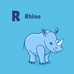 Cartoon rhino, cute character for children. Good illustration in cartoon style for abc book, poster, postcard. Animal alphabet - letter R.