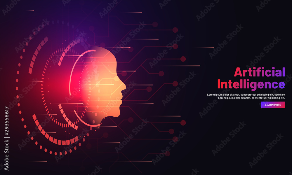 Poster responsive web banner design with illustration of human face on hi tech background for artificial in