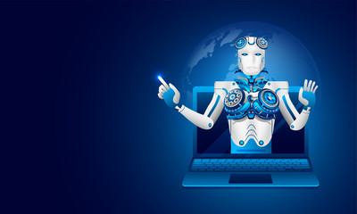 Isometric illustration of a robot on laptop on shiny blue background, Artificial intelligence(AI) or Global Deep learning concept web template design.