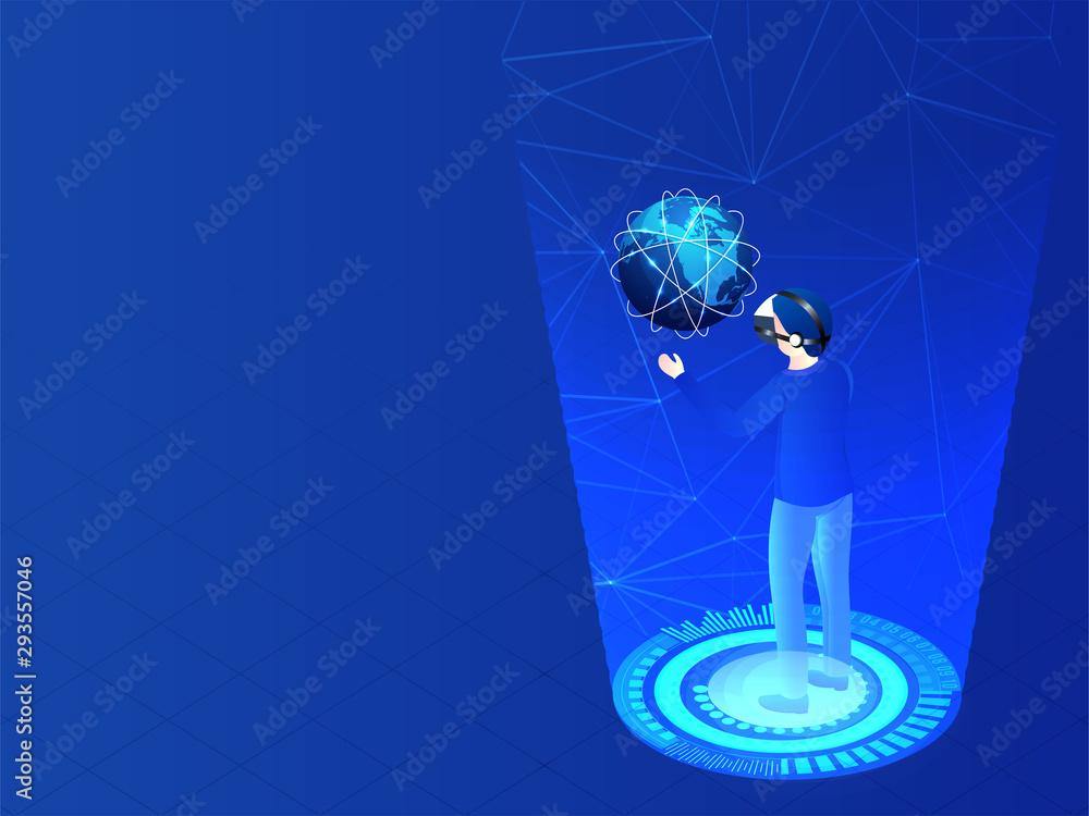 Poster website banner or template design for augmented reality (ar) concept, analyst wearing vr glasses wit