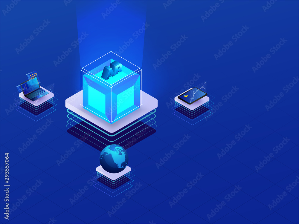 Poster 3d isometric ar cube connected with laptop, tablet and globe on shiny blue background for augmented 