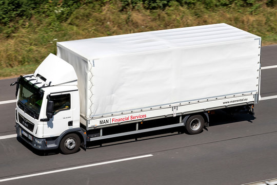 WIEHL, GERMANY - JULY 14, 2018: MAN Financial Service truck on motorway. MAN Financial Services offers domestic and international financing, leasing, insurance and rental solutions.