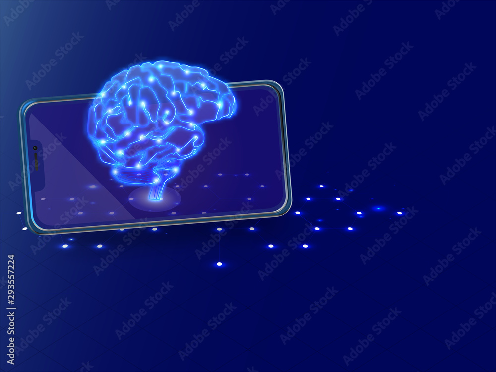 Canvas Prints isometric illustration of human brain with digital connection on smartphone for augmented reality (a