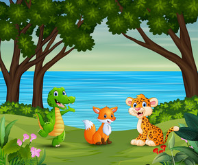 Obraz na płótnie Canvas Happy animals cartoon are enjoying in the beautiful nature