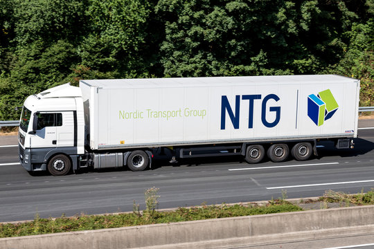 COLOGNE, GERMANY - JULY 13, 2018: NTG truck on motorway.  NTG Group is a Danish logistics company with 2,000 vehicle units and 150,000 m² of warehouse surface with headquarters in Hvidovre.