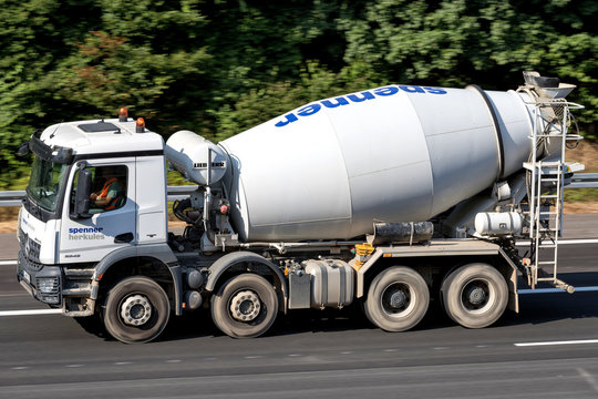 COLOGNE, GERMANY - JULY 13, 2018: Spenner Herkules concrete mixer on motorway.