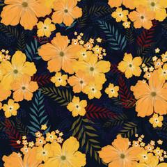 Beautiful yellow flower with colorful leaves decorated seamless pattern background.