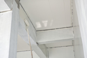 Close up of  paint roller painting wall white background.