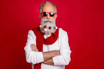 Portrait of cool retired business man with eyeglasses eyewear crossing his hands wearing white...