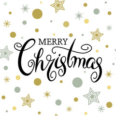 Merry christmas quote on stars and snowflakes background. Unique hand lettering. Design element for greeting cards banners and flyers.