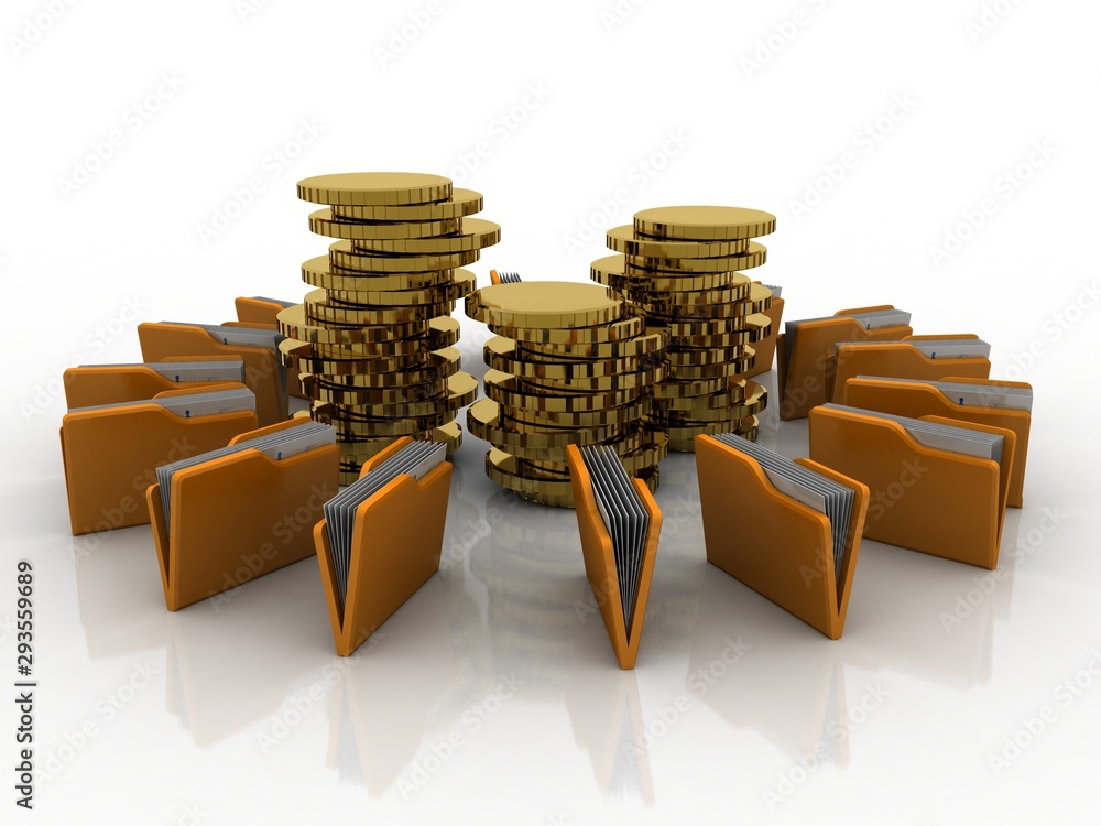Poster 3d rendering folder with documents near gold coin