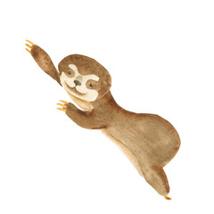 Cute sloth lies on a belly stretching out his body. Isolated watercolor on a white background.