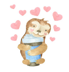 Cute sloth in love with a coffee drink. Animal hand painted. Watercolor isolated on white background. Can be used for postcards, flyers, posters, t-shirts in a tropical style.