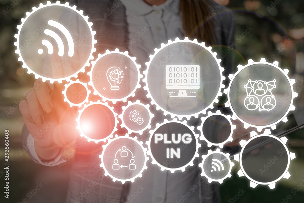 Aufkleber word writing text plug in. business photo showcasing putting device into electricity to turn it on p