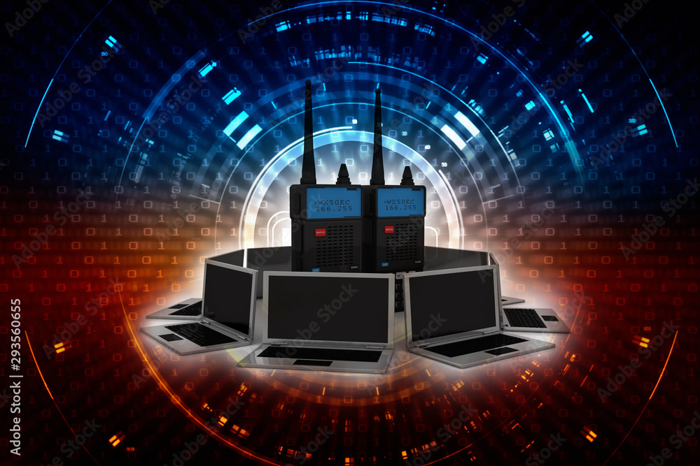 Poster 3d rendering latest radio transceivers in bin with computer network