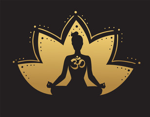 Vector yoga illustration in black and gold colors. - obrazy, fototapety, plakaty
